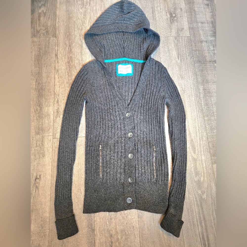 Aeropostale Gray Ribbed Hoodie Cardigan Button Front Zip Bella Swan Y2K, Medium